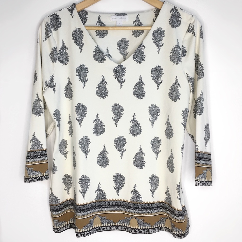 Vintage Cream Paisley Print V-Neck Shirt